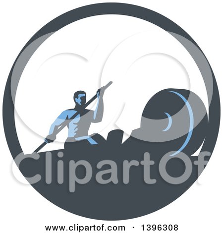 Clipart of a Retro Man Working out with a Paddle on a Rowing Machine in a Blue and White Circle - Royalty Free Vector Illustration by patrimonio