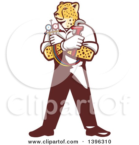 Clipart of a Cartoon Refrigeration and Air Conditioning Mechanic or Plumber Cheetah Holding a Pressure Temperature Gauge and Monkey Wrench - Royalty Free Vector Illustration by patrimonio
