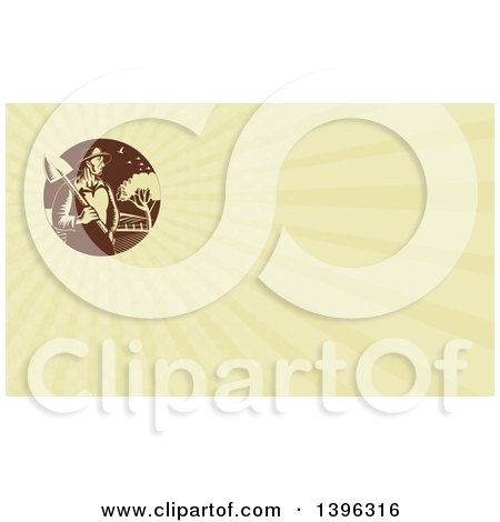 Clipart of a Retro Woodcut Male Farmer Holding a Shovel Against Farmland and Rays Background or Business Card Design - Royalty Free Illustration by patrimonio