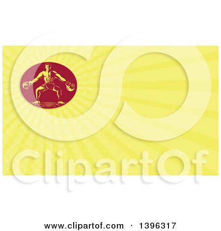 Clipart of a Retro Woodcut Male Bodybuilder Working out with Kettlebells and Yellow Rays Background or Business Card Design - Royalty Free Illustration by patrimonio