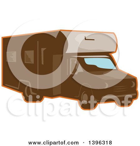 Clipart of a Retro Brown Camper Van RV with an Orange Outline - Royalty Free Vector Illustration by patrimonio
