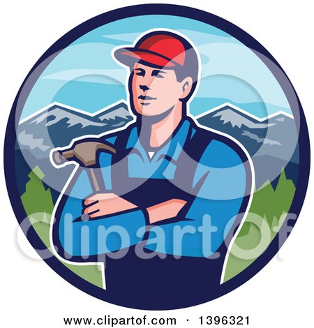 Clipart of a Retro Male Caucasian Carpenter with Folded Arms, Holding a Hammer in a Circle of Mountains - Royalty Free Vector Illustration by patrimonio