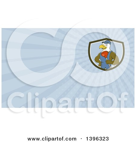 Clipart of a Cartoon Bald Eagle Plumber Man Holding a Plunger and Blue Rays Background or Business Card Design - Royalty Free Illustration by patrimonio