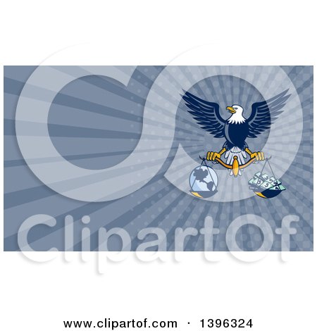 Clipart of a Flying American Bald Eagle Holding a Scale with Earth and Money and Blue Rays Background or Business Card Design - Royalty Free Illustration by patrimonio