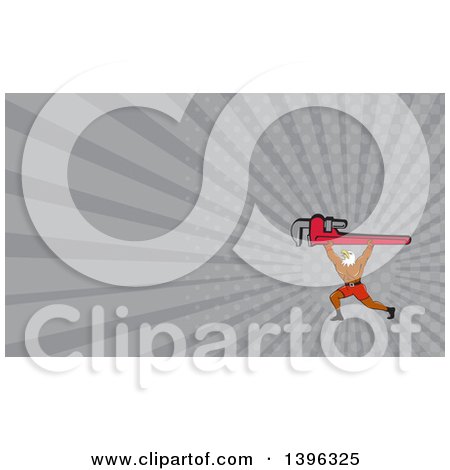 Clipart of a Cartoon Bald Eagle Plumber Man Lifting a Monkey Wrench and Gray Rays Background or Business Card Design - Royalty Free Illustration by patrimonio