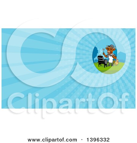 Clipart of a Cartoon Cow Chef Grilling in a Yard with a Chicken and Blue Rays Background or Business Card Design - Royalty Free Illustration by patrimonio