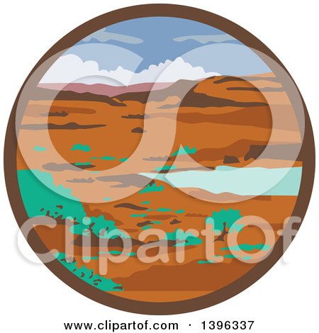 Clipart of a Retro Desert Landscape Scene in a Circle - Royalty Free Vector Illustration by patrimonio