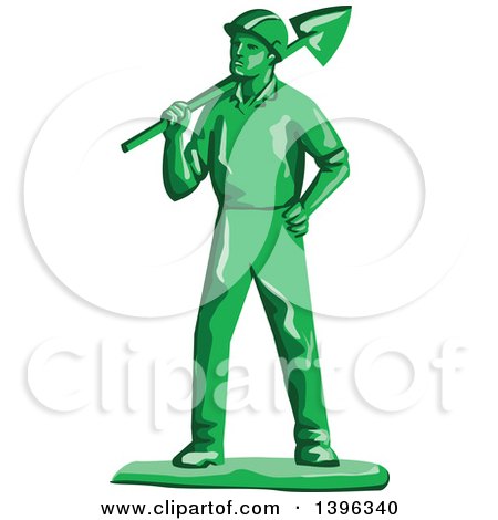 Clipart of a Retro Green Toy Miner Worker Holding a Shovel - Royalty Free Vector Illustration by patrimonio