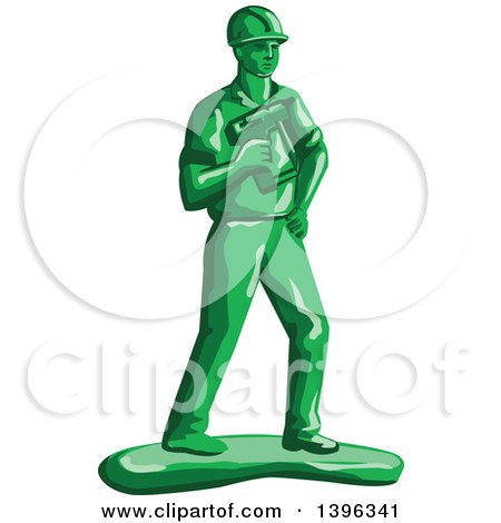 Clipart of a Retro Green Toy Construction Worker Holding a Nail Gun - Royalty Free Vector Illustration by patrimonio