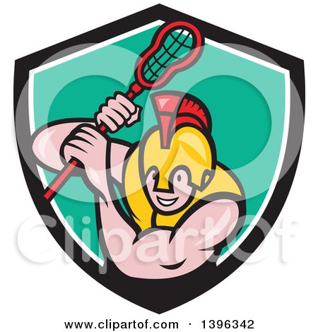 Clipart of a Cartoon Gladiator Lacrosse Player Wearing Spartan Helmet and Striking in a Black White and Turquoise Shield - Royalty Free Vector Illustration by patrimonio