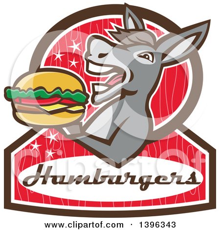 Clipart of a Retro Donkey Standing Upright and About to Take a Bite out of a Cheeseburger on a Red Sign - Royalty Free Vector Illustration by patrimonio