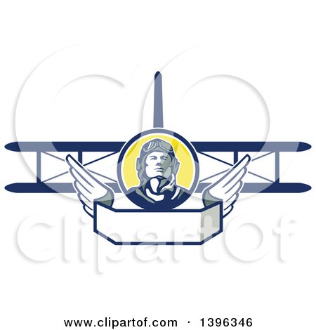 Clipart of a Retro World War One Male Pilot Aviator Looking up over a Wing Banner and Biplane - Royalty Free Vector Illustration by patrimonio