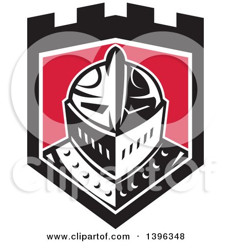 Clipart of a Retro Knight Helmet in a Black White and Red Shield - Royalty Free Vector Illustration by patrimonio