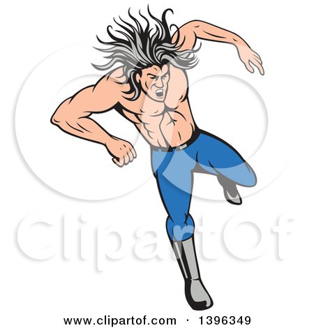 Clipart of a Cartoon Shirtless Jumping Caucasian Man with Gray Hair - Royalty Free Vector Illustration by patrimonio