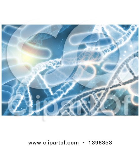 Clipart of a 3d Medical Background of Dna Strands and Viruses on Blue - Royalty Free Illustration by KJ Pargeter