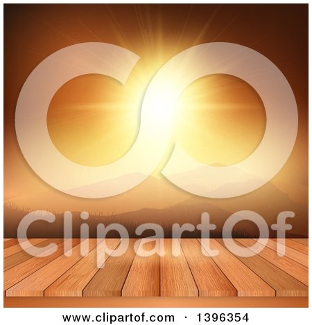Clipart of a Bright Orange Mountainous Sunset with a 3d Deck - Royalty Free Illustration by KJ Pargeter
