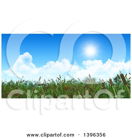Clipart of a Background of 3d Cattail Brush Against Blue Sky with Clouds - Royalty Free Illustration by KJ Pargeter