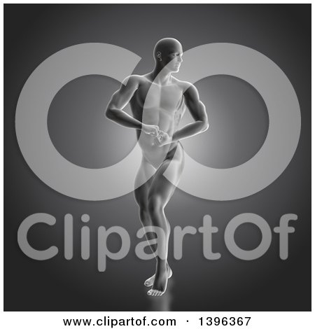 Clipart of a 3d Male Body Builder Posing, on Gray - Royalty Free Illustration by KJ Pargeter