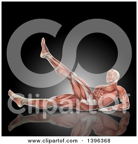 Clipart of a 3d Anatomical Man with Visible Muscles, Lifting a Leg, on a Dark Background - Royalty Free Illustration by KJ Pargeter