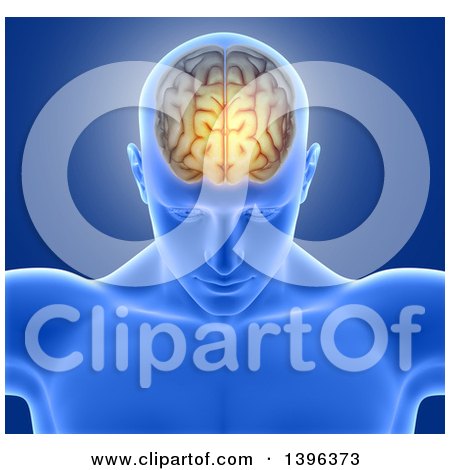 Clipart of a 3d Xrayed Anatomical Man with Visible Glowing Brain, over Blue - Royalty Free Illustration by KJ Pargeter