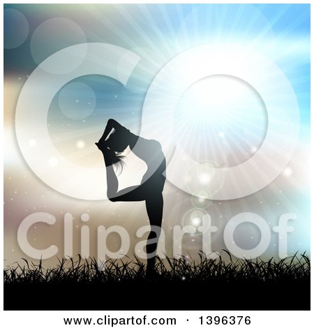 Clipart of a Fit Silhouetted Woman Doing Yoga Against a Sunset with Sparkles - Royalty Free Illustration by KJ Pargeter