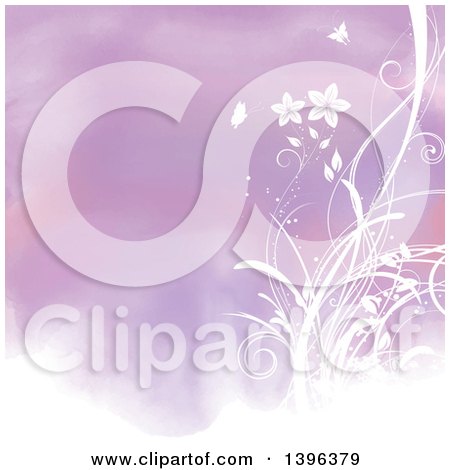 Clipart of a Purple Watercolor Background with Floral Vines and Butterflies - Royalty Free Illustration by KJ Pargeter