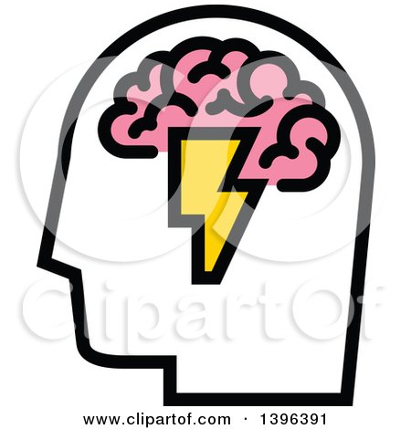 Clipart of a Man's Head with Visible Pink Brain and Lightning Bolt - Royalty Free Vector Illustration by elena