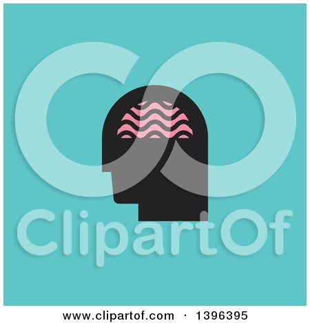 Clipart of a Black Silhouetted Man's Head with Visible Pink Brain, on Turquoise - Royalty Free Vector Illustration by elena