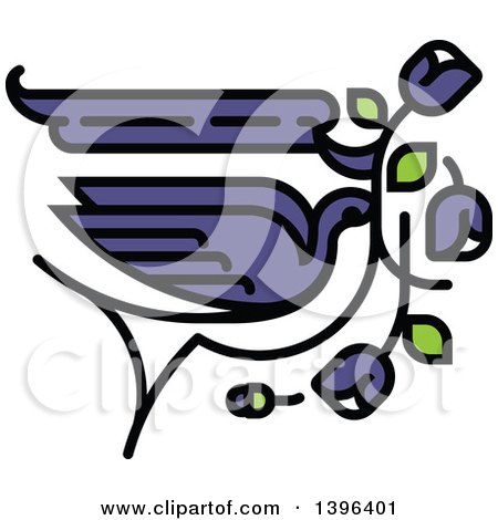 Clipart of a Flat Design Purple and White Swallow Bird Flying with Flowers - Royalty Free Vector Illustration by elena