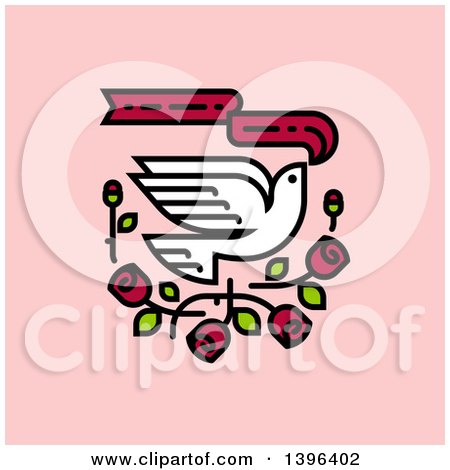 Clipart of a Flying White Dove with Red Roses and a Banner, on Pink - Royalty Free Vector Illustration by elena
