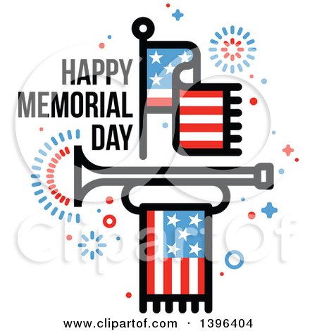 Clipart of a Happy Memorial Day Greeting with an American Flag, Fireworks and Bugle - Royalty Free Vector Illustration by elena