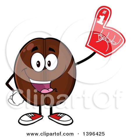 Clipart of a Cartoon Coffee Bean Mascot Character Wearing a Foam Finger - Royalty Free Vector Illustration by Hit Toon