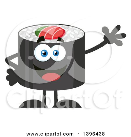 Clipart of a Flat Design Happy Sushi Roll Character Waving - Royalty Free Vector Illustration by Hit Toon