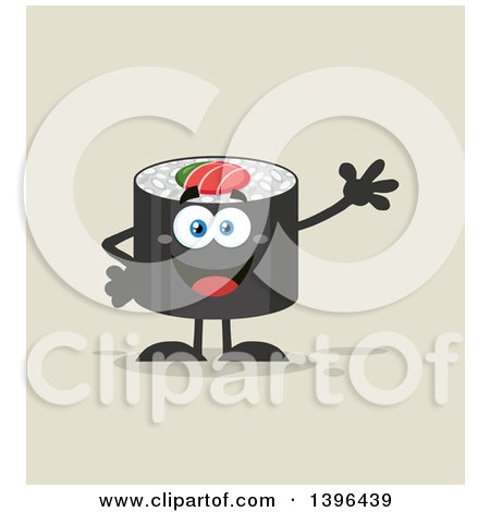 Clipart of a Flat Design Happy Sushi Roll Character Waving - Royalty Free Vector Illustration by Hit Toon