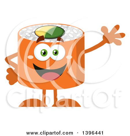 Clipart of a Flat Design Happy Salmon Sushi Roll Character Waving - Royalty Free Vector Illustration by Hit Toon