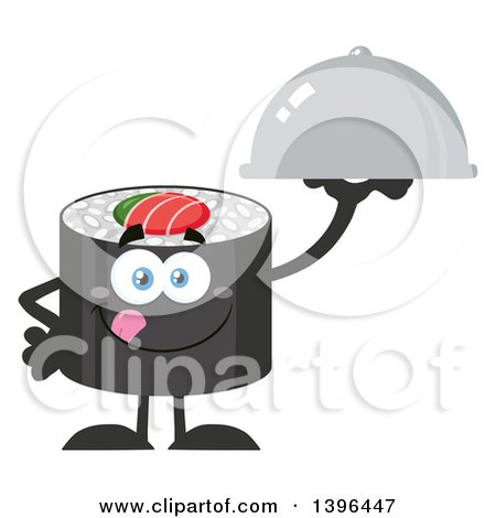 Clipart of a Flat Design Happy Sushi Roll Character Holding a Cloche Platter - Royalty Free Vector Illustration by Hit Toon