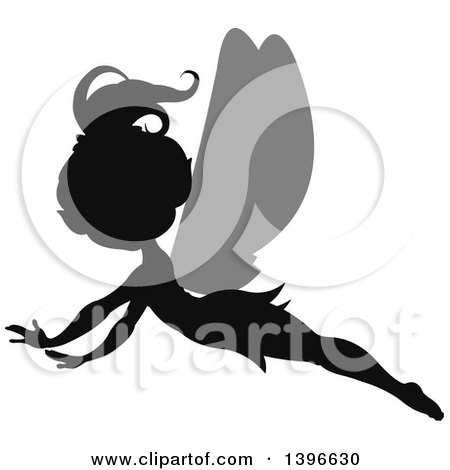 Clipart of a Black Silhouetted Flying Female Fairy with Gray Wings - Royalty Free Vector Illustration by Pushkin