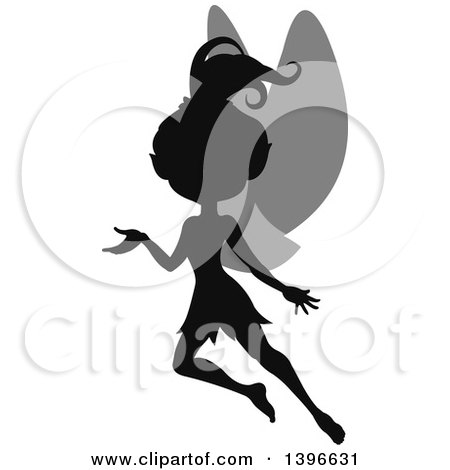 Clipart of a Black Silhouetted Flying and Presenting Female Fairy with Gray Wings - Royalty Free Vector Illustration by Pushkin