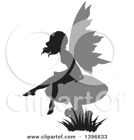 Clipart of a Black Silhouetted Female Fairy with Gray Wings, Sitting on a Mushroom - Royalty Free Vector Illustration by Pushkin