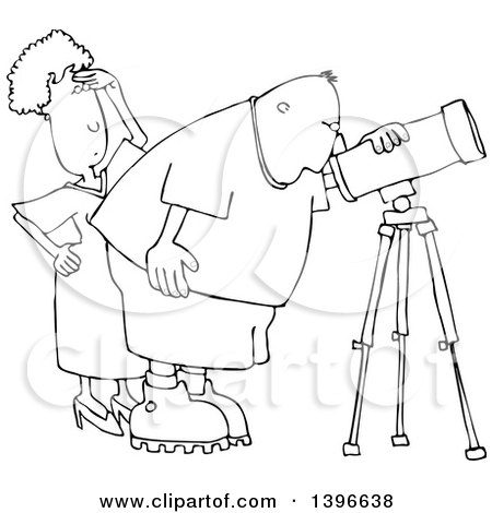 Clipart of a Cartoon Black and White Lineart Chubby Male Astronomer and His Wife Looking Through a Telescope - Royalty Free Vector Illustration by djart