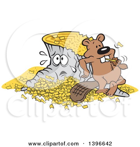 Clipart of a Cartoon Pleased Beaver Eating a Chunk After Chopping down and Chipping up a Distraught Tree - Royalty Free Vector Illustration by Johnny Sajem