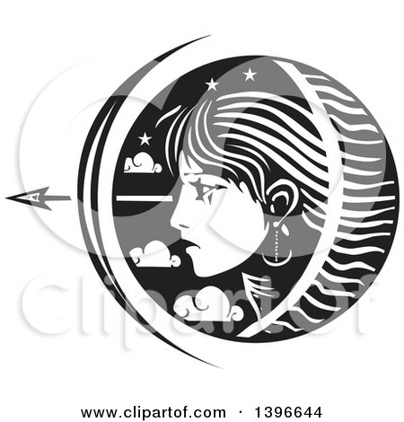 Clipart of a Black and White Woodcut Profiled Woman's Face in a Circle of Stars and Clouds with an Arrow - Royalty Free Vector Illustration by xunantunich
