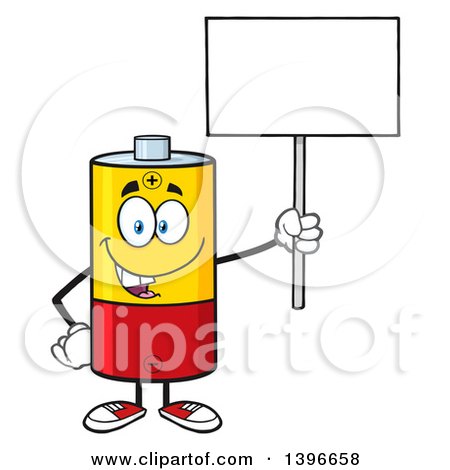 Clipart of a Cartoon Battery Character Mascot Holding up a Blank Sign - Royalty Free Vector Illustration by Hit Toon