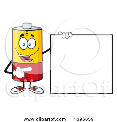 Clipart of a Cartoon Battery Character Mascot Pointing to a Blank Sign - Royalty Free Vector Illustration by Hit Toon