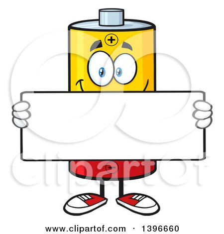 Clipart of a Cartoon Battery Character Mascot Holding a Blank Sign - Royalty Free Vector Illustration by Hit Toon
