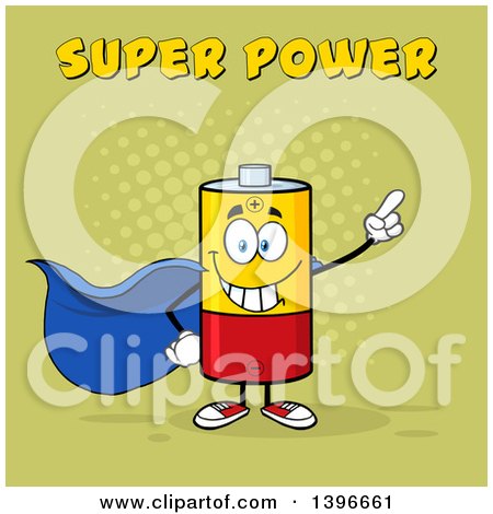 Clipart of a Cartoon Super Hero Battery Character Mascot with Text on Green - Royalty Free Vector Illustration by Hit Toon