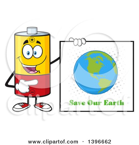 Clipart of a Cartoon Battery Character Mascot Holding a Save Our Earth Sign - Royalty Free Vector Illustration by Hit Toon