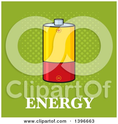 Clipart of a Cartoon Yellow and Red Battery over Energy Text on Green - Royalty Free Vector Illustration by Hit Toon