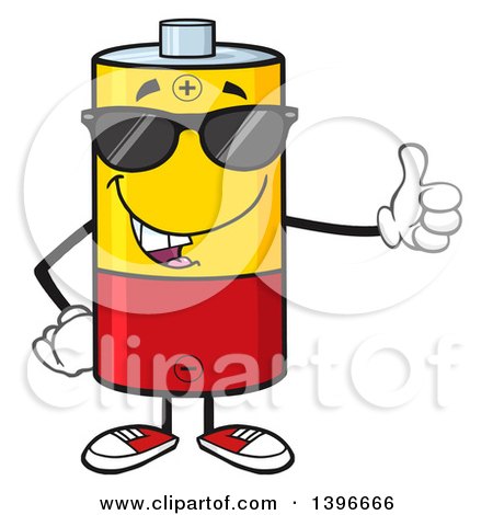 Clipart of a Cartoon Battery Character Mascot Wearing Sunglasses and Giving a Thumb up - Royalty Free Vector Illustration by Hit Toon
