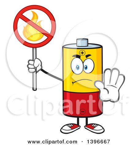Clipart of a Cartoon Battery Character Mascot Holding a No Fire Sign - Royalty Free Vector Illustration by Hit Toon